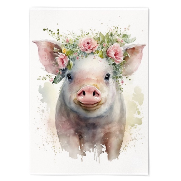 Watercolor Cute Floral Farm Pig Wall Art Illustration Print Poster Unframed - Picture 3 of 7